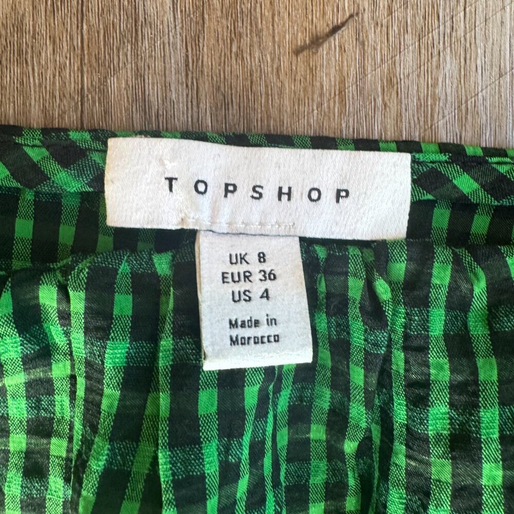 Topshop Green Checkered Tiered Sleeve Top Size 4 - Picture 3 of 4